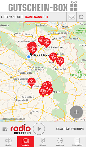 Screenshot aus der Radio Bielefeld App mit Verkehrsmeldungen auf einer Karte